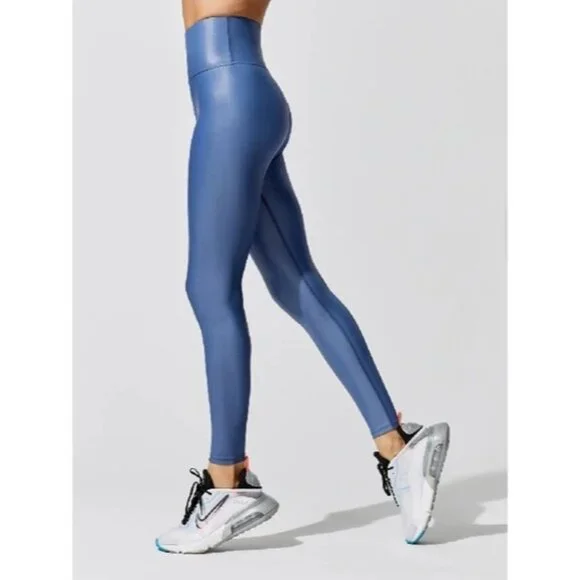 Carbon38 High Rise Full-Length Shine Glossy Blue High-Waist Activewear Leggings - Picture 7 of 16